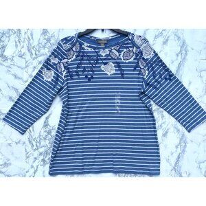 Style & Co. Womens Floral Print Striped 3/4 Sleeve Top Size 0X Blue/White